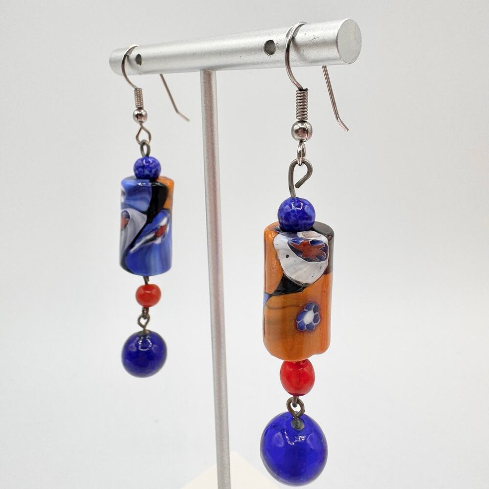 Art Glass Millefiori Beaded Dangle Earrings Artisan Art Teacher Artsy Fun - Picture 6 of 10